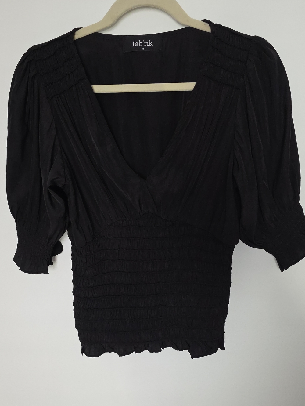 fab'rik Black V-Neck Smocked Puff Sleeve Blouse